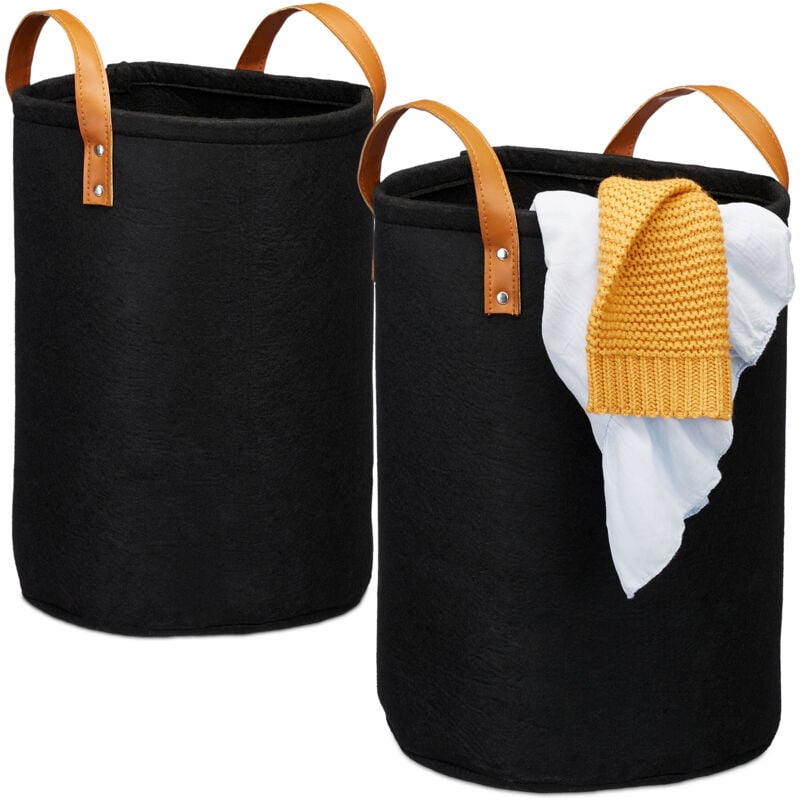 Panier à linge, 28 l, pliable, en feutre, salle de bain, chambre, HxD : 47x30 cm, poignées, noir - Relaxdays