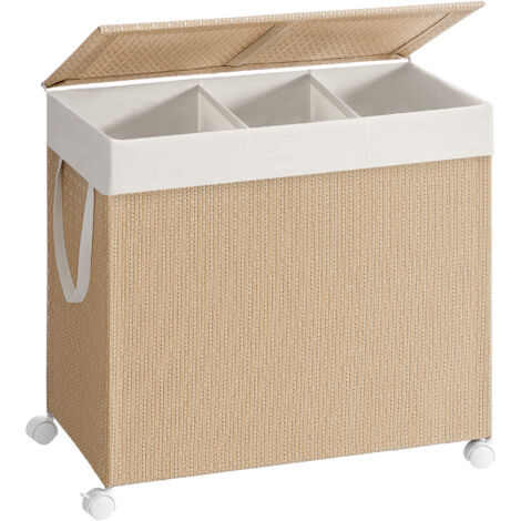 Panier à linge 3 compartiments 140 L – Trieur sur roulettes avec couvercle – Sac amovible avec poignées – Imitation osier beige et blanc