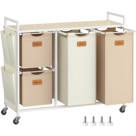 Panier à Linge, 4 Compartiments, Corbeille 150 L, Bac, Roulettes, Chariot avec Étagères, Sac, Poches Latérales, 6 Étiquettes, Beige Naturel, Marron Caramel et Blanc Crème