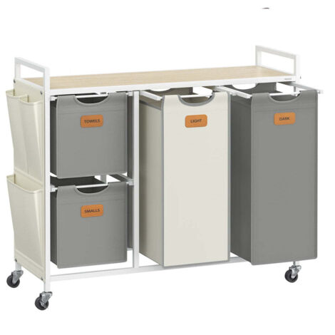 Panier à linge 4 compartiments corbeille 150 litres bac roulettes chariot avec étagères sac poches latérales 6 étiquettes beige