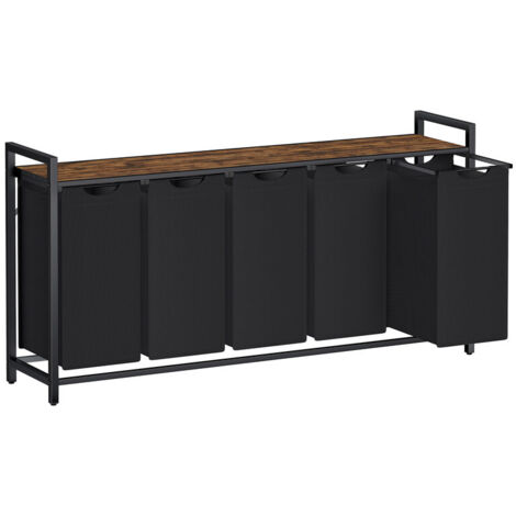 Panier à Linge 5 Compartiments, Corbeille à Linge Sale, 5 Sacs Amovibles en Tissu Oxford, Étagère, Cadre en Métal, 5 x 40 L, 143,5 x 33 x 72 cm, Noir d'Encre et Marron Rustique