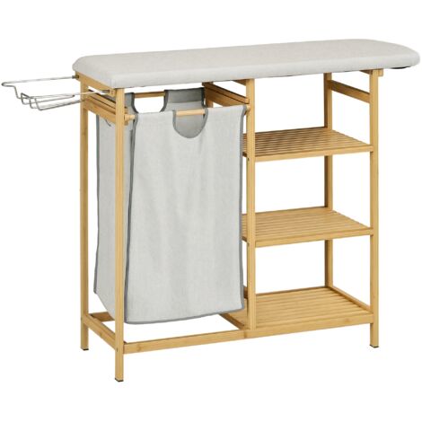 Panier à linge 57,4L avec planche à repasser, porte-fer, 3 étagères et sac amovible 113x34x82 cm naturel