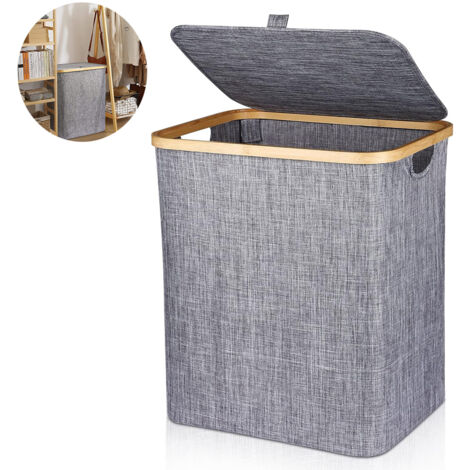 Panier à Linge 60L Corbeille à Linge Pliable Panier à Linge en Bambou Boîte à Linge avec Couvercle & Poignée, Panier à Linge Sale Rectangulaire pour Sale Vêtements, 40X33X45CM Gris Foncé