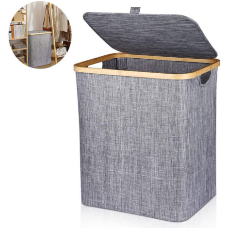 Panier à Linge 60L Corbeille à Linge Pliable Panier à Linge en Bambou Boîte à Linge avec Couvercle & Poignée, Panier à Linge Sale Rectangulaire pour Sale Vêtements, 40X33X45CM Gris Foncé