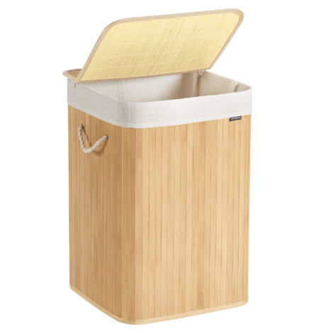 Panier à Linge 95 L, Corbeille Linge Sale, Couvercle, en Bambou, Poignées, Pliable, Sac Amovible Lavable en Machine, pour Buanderie, Chambre, Couleur Boisée