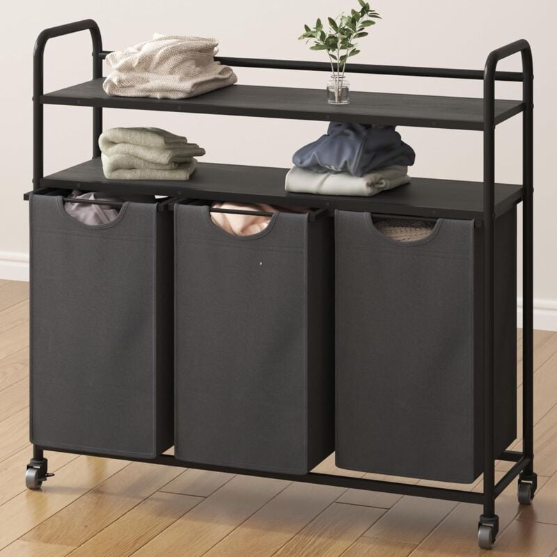 Panier à Linge à 3 Compartiments, avec 2 étagères, Gris