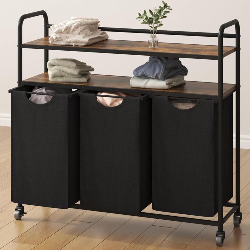 Panier à Linge à 3 Compartiments, avec 2 étagères, Noir