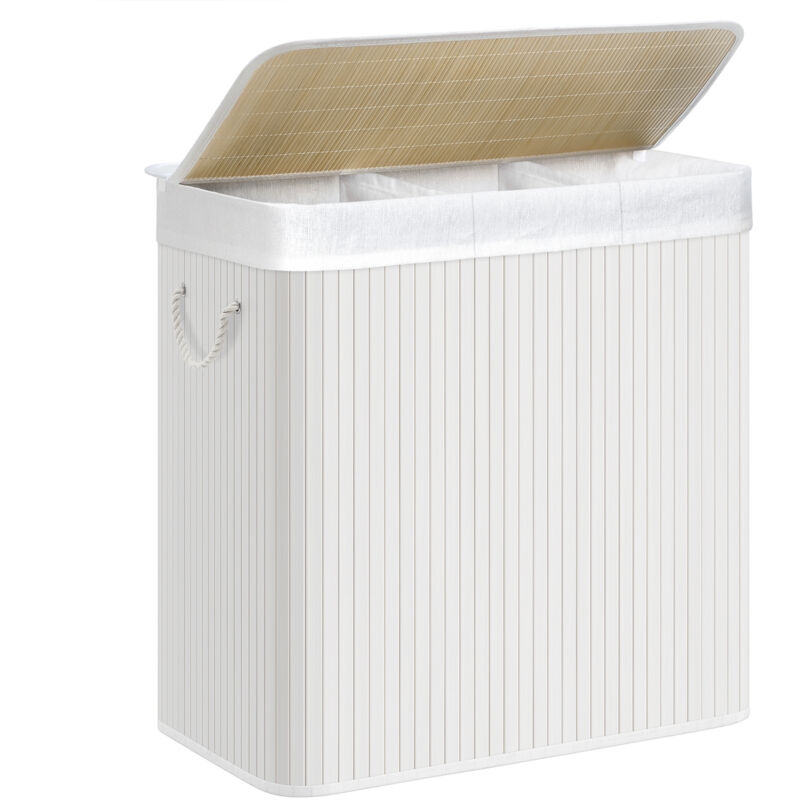 Songmics - Panier à Linge à 3 Compartiments, avec Couvercle et Poignées, Corbeille à Linge 150L, Pliable, pour Buanderie, Chambre, Blanc LCB091W01