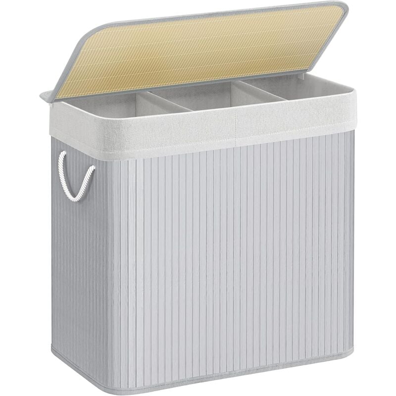 Panier à Linge Sale 3 Compartiments, Corbeille 150L, Bac de Tri, avec Poignées, Couvercle avec Scratchs, Pliable, Linge, Ménage, Buanderie, Gris