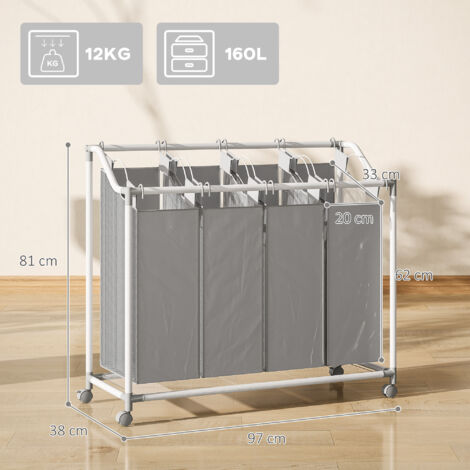 Panier à linge à 4 compartiments, capacité 160 L, à roulettes, avec sac à linge amovible, 97 x 38 x 81 cm, gris