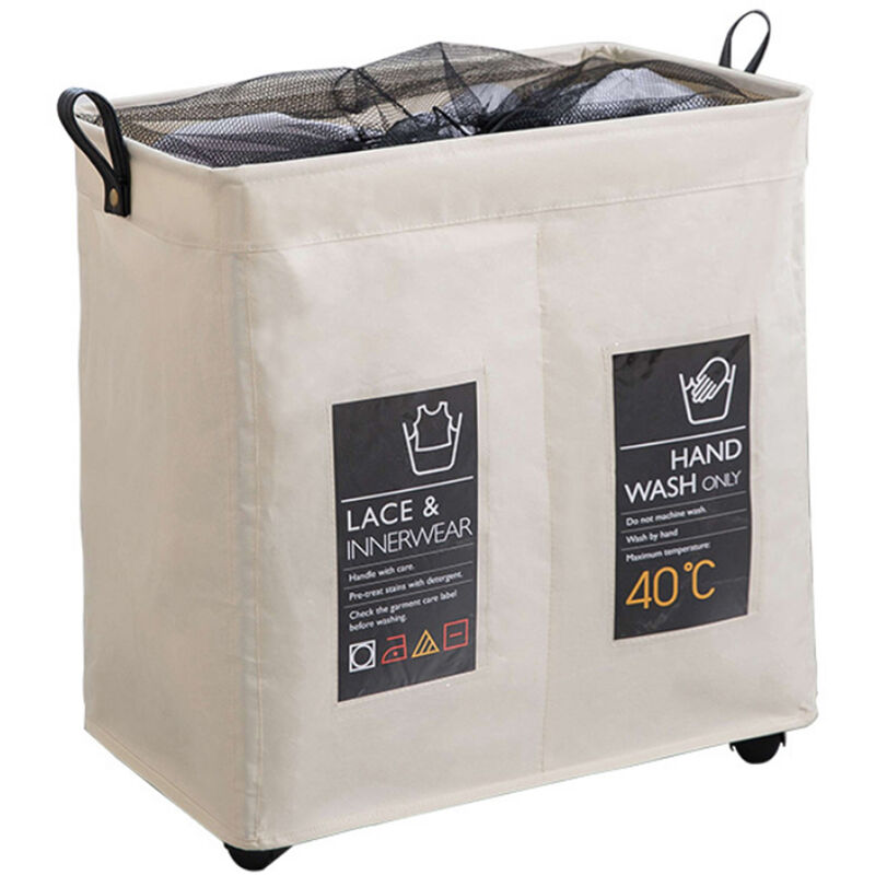 Panier à linge roulant fin 2 compartiments avec roulettes et poignée universelles, panier à linge pliable en tissu Oxford, cordon de serrage en