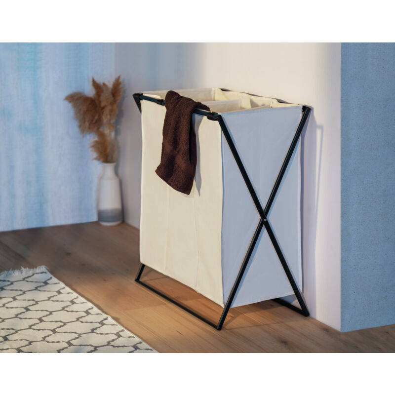 Wenko - Panier à linge Trio 3 Compartiments avec poignée de Transport, pliable, 130l, Cadre Alu noir - Polyester, 63x57x38cm, beige