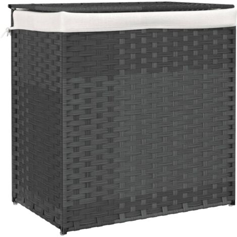 Panier à linge avec 2 sections gris 53x35x57 résine tressée