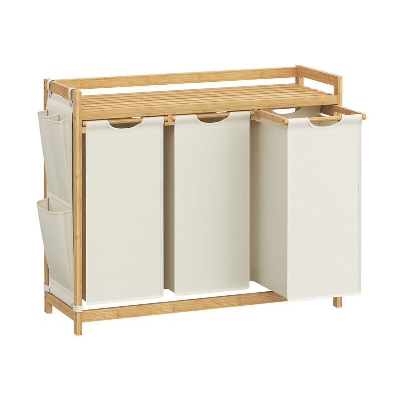 Panier à Linge, avec 3 Compartiments, Corbeille à Linge Sale, en Bambou, Capacité de 150 Litres, avec Étagère, Poches Latérales, 3 x 50 l, 94 x 33 x