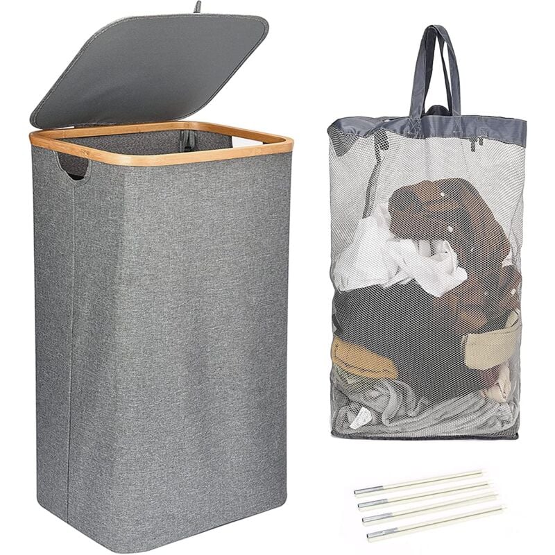 Panier à linge avec couvercle, 1 paquet de panier à linge de 100 L, panier à linge avec sac amovible, paniers à linge gris avec poignées en bambou