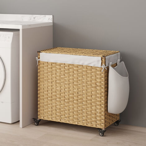 Panier à Linge avec Couvercle, 140 L, avec Roulettes, 3 Compartiments, Doublure Amovible, pour Chambre, 66 × 33 × 66 cm, Couleur Naturelle