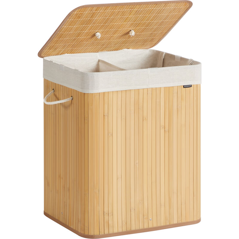 Panier à Linge avec Couvercle, 2 Compartiments, 120 l, Corbeille à Linge Sale en Bambou, Pliable, Sac Amovible et Lavable en Machine, avec Poignées,