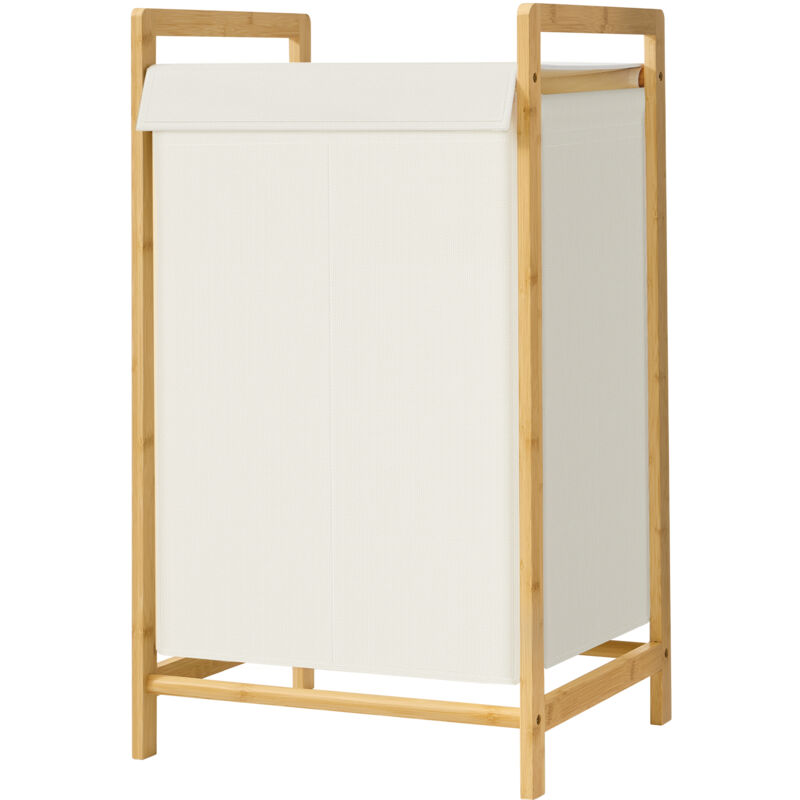 Panier à Linge avec Couvercle, 2 Compartiments, Cadre en Bambou, Sac à Linge Amovible, 100 L, Crème