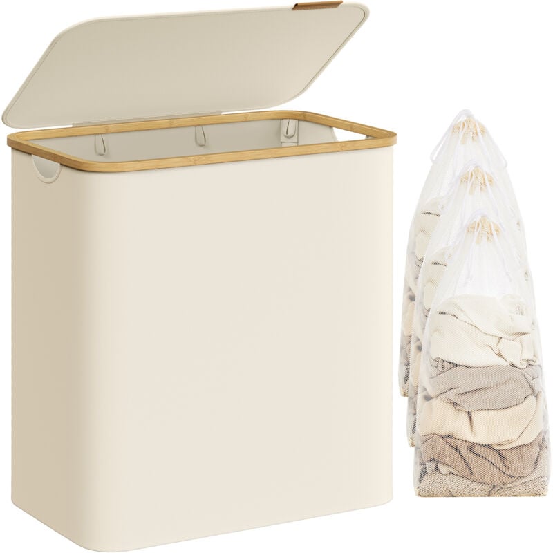 Panier à linge avec couvercle, 3 compartiments, 150 l, doublure en maille amovible, tissu Oxford, poignées en bambou, pliable, 60 x 38,5 x 70,5 cm,
