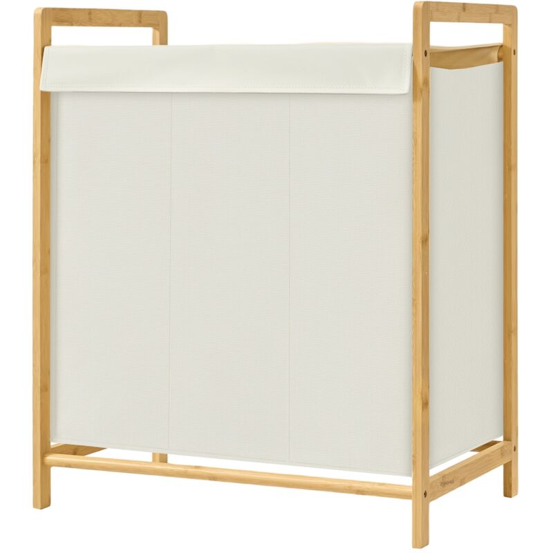 Panier à Linge avec Couvercle, 3 Compartiments, Cadre en Bambou, Sac à Linge Amovible, 150 L, Crème