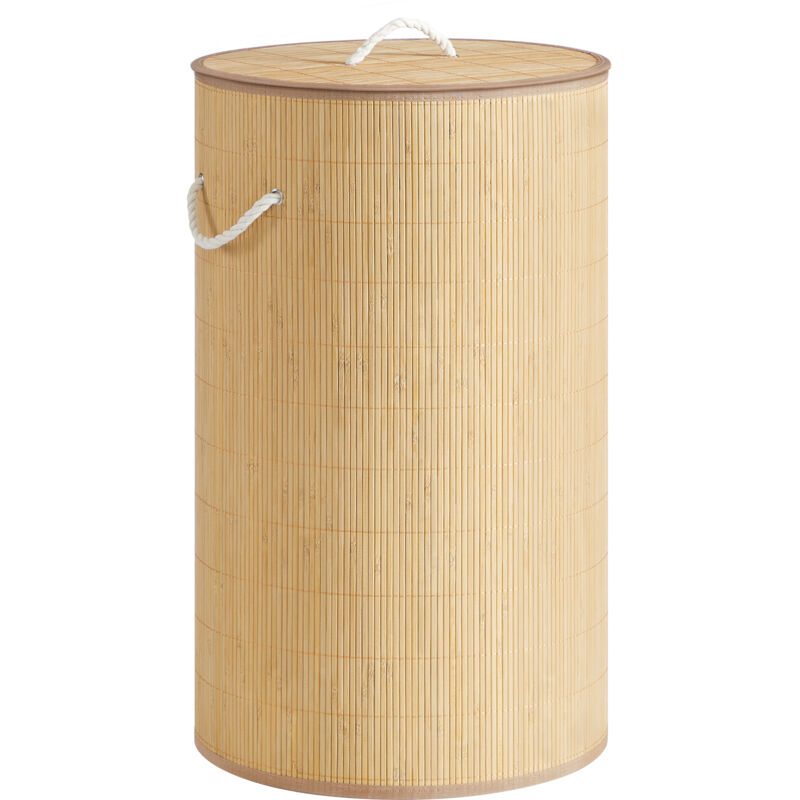 Panier à Linge avec Couvercle, 90 L, Corbeille à Linge Sale en Bambou, Rond, avec Poignées, Pliable, Sac Amovible Lavable en Machine, Couleur