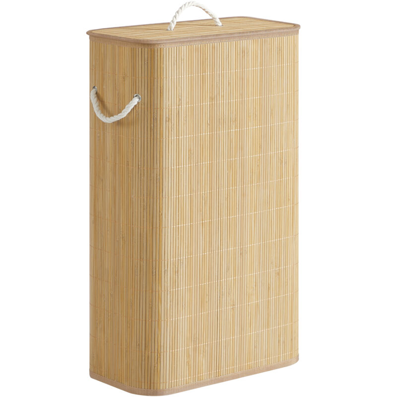 Panier à Linge avec Couvercle, 60 L, Corbeille à Linge Sale en Bambou, Rectangulaire, avec Poignées, Pliable, Sac Amovible Lavable en Machine,