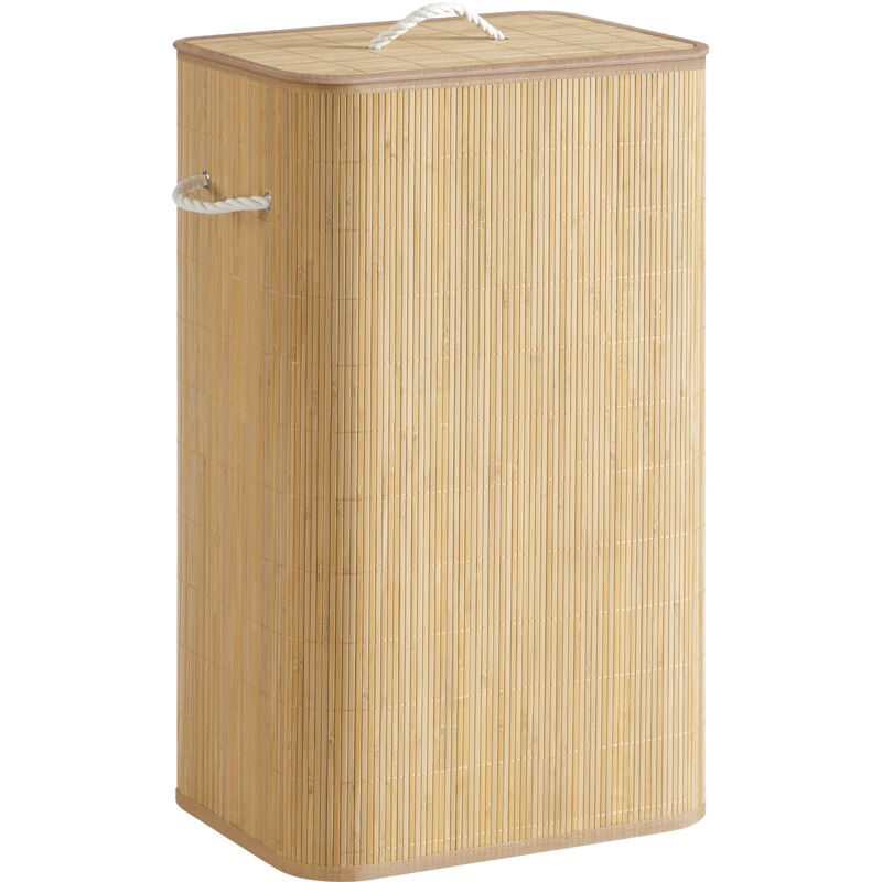 Panier à Linge avec Couvercle, 90 L, Corbeille à Linge Sale en Bambou, Rectangulaire, avec Poignées, Pliable, Sac Amovible Lavable en Machine,