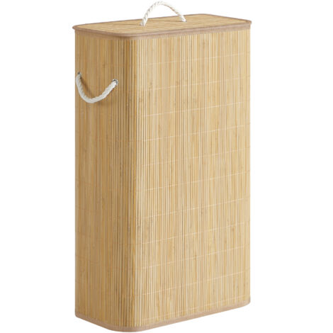 Panier à Linge avec Couvercle, 60 L, Corbeille à Linge Sale en Bambou, Rectangulaire, avec Poignées, Pliable, Sac Amovible Lavable en Machine, Couleur Naturelle