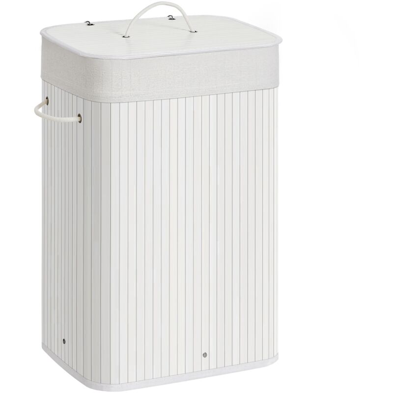 Panier à Linge avec Couvercle 72L, Corbeille à Linge en Bambou, Pliable, avec Sac Amovible Lavable, Poignées, pour Buanderie, Chambre, Blanc LCB010W01
