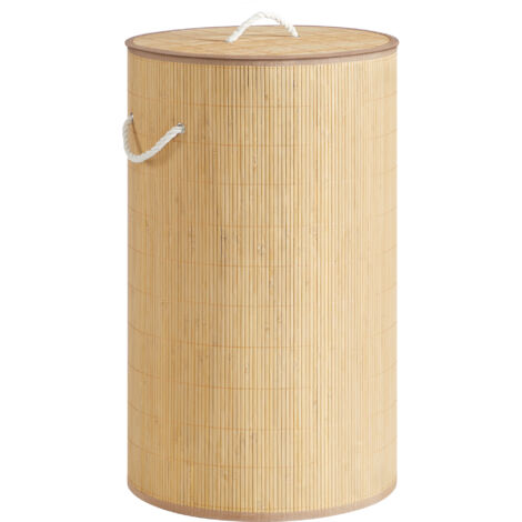 Panier à Linge avec Couvercle, 90 L, Corbeille à Linge Sale en Bambou, Rond, avec Poignées, Pliable, Sac Amovible Lavable en Machine, Couleur Naturelle