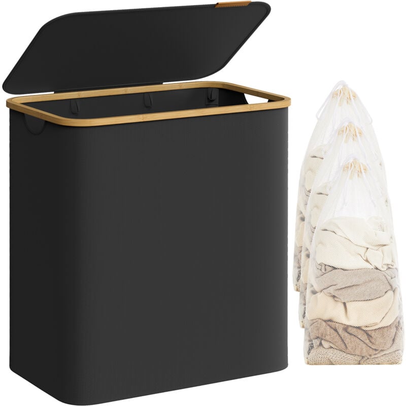 Panier à Linge avec Couvercle à 3 Compartiments, 150L, Sac Amovible, Tissu Oxford, Poignées en Bambou, Pliable, 60 x 38,5 x 70,5 cm, Noir d'Encre