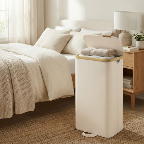 Panier à Linge avec Couvercle, Corbeille pour Linge Sale, Sac Amovible, Cadre en Bambou, pour Buanderie, Chambre, 100 Litres, Blanc Crème