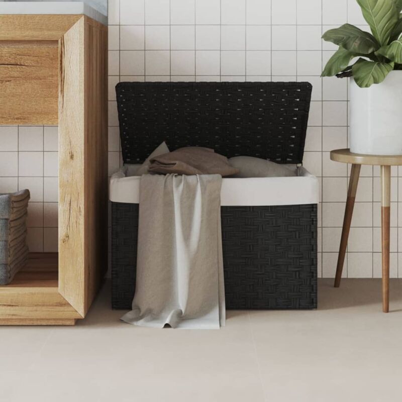 Panier à linge avec couvercle noir 55,5x35x34 cm résine tressée Vidaxl