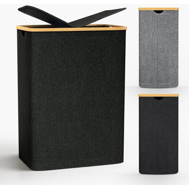 Panier à Linge avec Couvercle,140L Grand Corbeille à Linge avec 2 Compartiments & Poignées en Bambou, Bac a Linge Laundry Basket Pliable Pliable avec