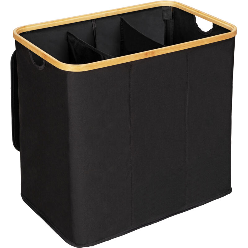 Panier à linge Wenko Ecori bambou noir 3 compartiments 105 litres bac à linge design écologique avec 100 % polyester recyclé panier à linge 3