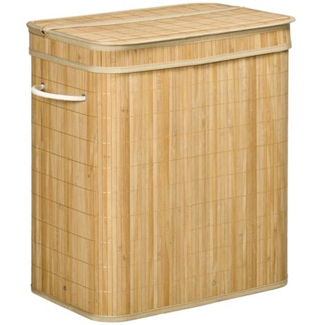 Panier à Linge Bambou avec Couvercle 2 Sections 90L Sac Amovible Poignées 54 2x35 2x59 5 cm pour Rangement Pratique