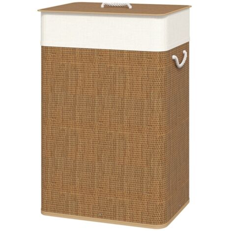 Panier à linge Bambou avec Couvercle et Sac Amovible-72L-Poignées Corde-Tri Buanderie-40x30x60(cm)