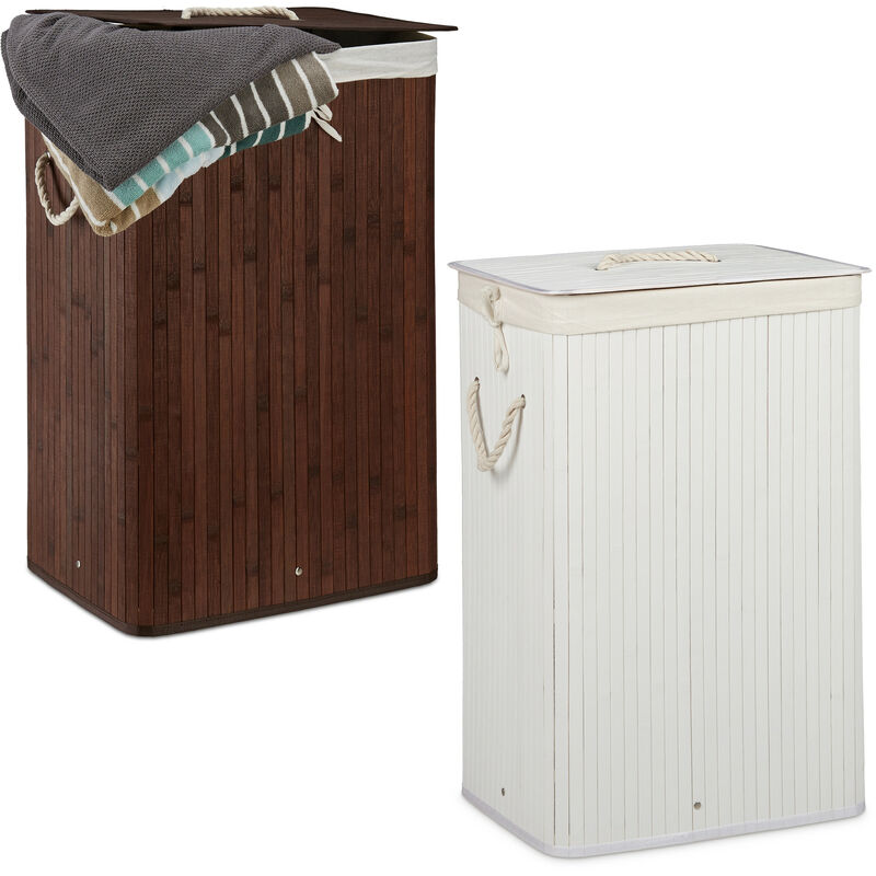 Panier à linge bambou, lot de 2, corbeille linge pliante, 83L par panier, sac intérieur coton, marron et blanc