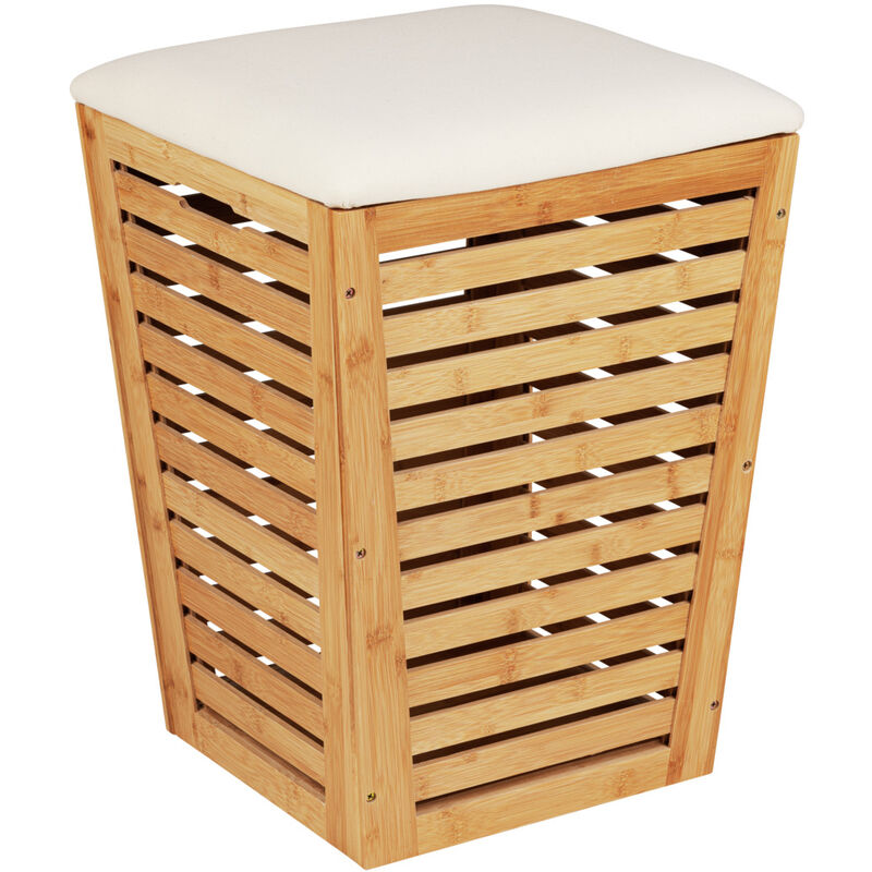 Wenko – Panier à linge en bambou naturel 55L – Dimensions 40x56 cm – Coussin rembourré pour siège – Construction ajourée pour aération