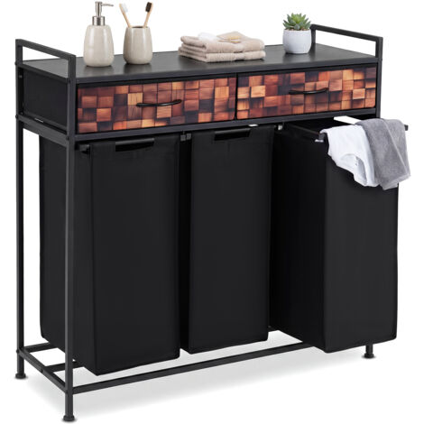 Panier à Linge, Corbeille à Linge avec 2 Tiroirs, 3 x 48 L, Bac Portables, Plateau Large, Meuble Linge pour Buanderie, Chambre