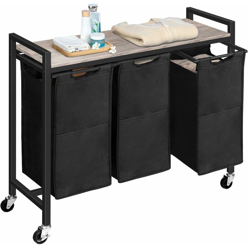 Wäschekorb 3 Fächer, Wäschesammler mit Ablage, Wäschebox, Wäschewagen, 3 x 39,8 l, Wäschesack aus Oxford-Gewebe Hoobro EBG38XY01G1