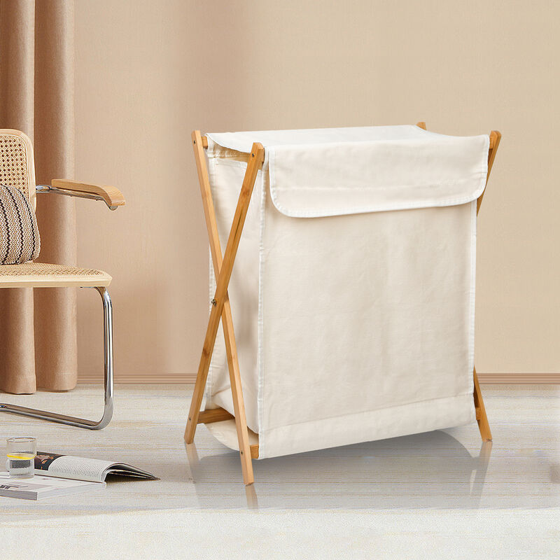 Panier à Linge, Corbeille à Vêtement, pour Salle de Bain, Bac à Linge en Bambou et Lin, Beige