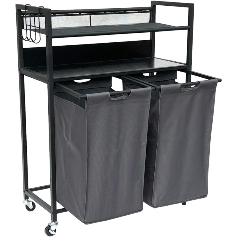 Panier à linge 2 compartiments avec étagères Noir Métal 96501 Collecteur de linge Chariot à linge à roulettes Panier à linge Sac à linge Moderne