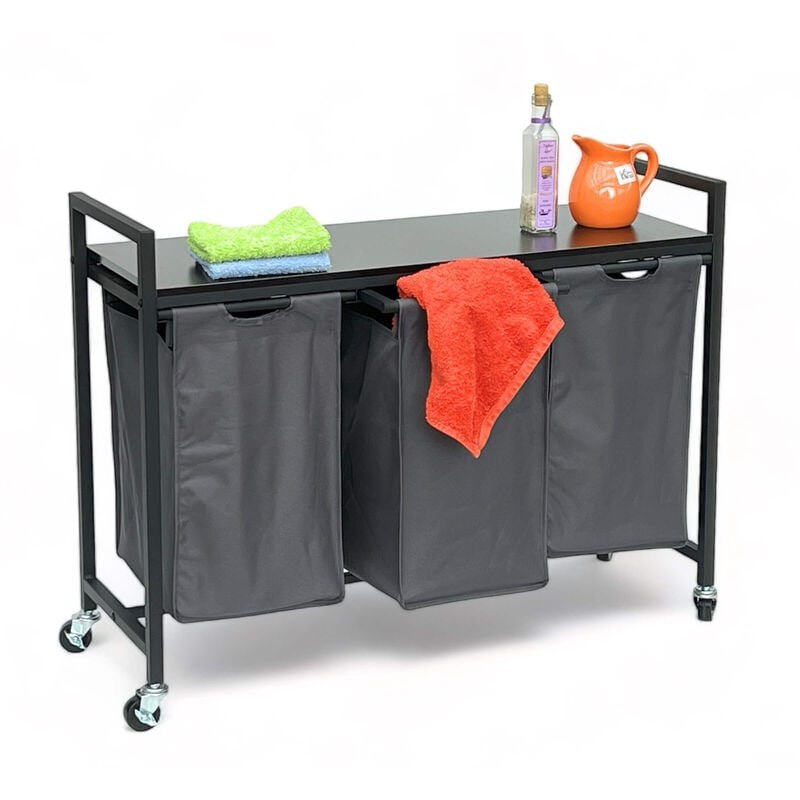 Panier à linge 3 compartiments avec étagère Noir Métal 96500 Collecteur de linge Chariot à linge à roulettes Panier à linge Sac à linge Moderne