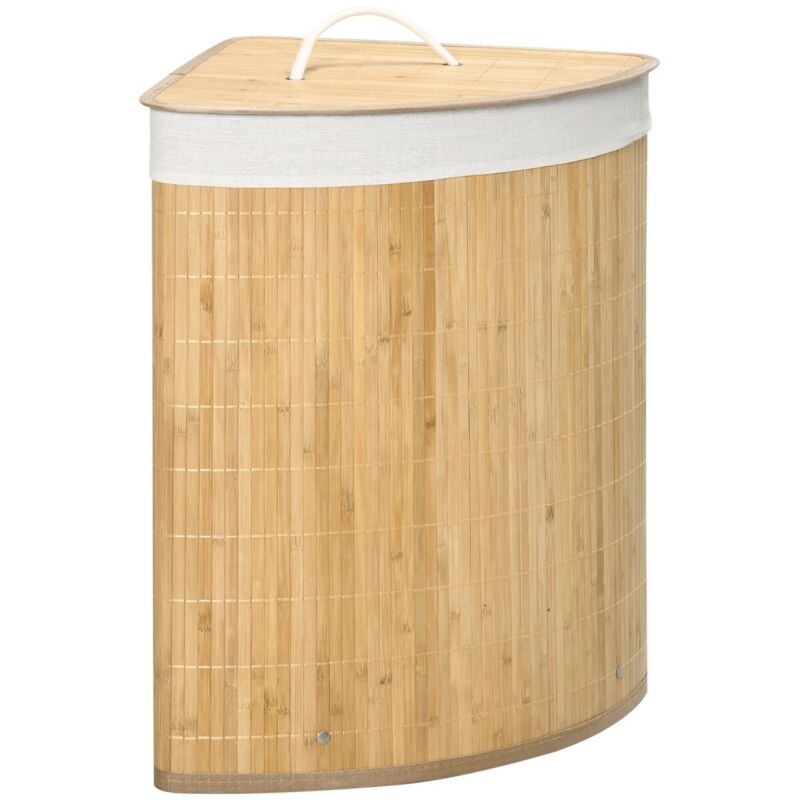 Panier à linge d'angle 55L en bambou, couvercle et sac amovible, 38x38x57 cm, couleur bois naturel et blanc
