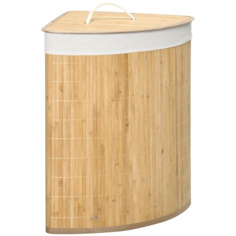 Panier à linge d'angle 55L en bambou, couvercle et sac amovible, 38x38x57 cm, couleur bois naturel et blanc