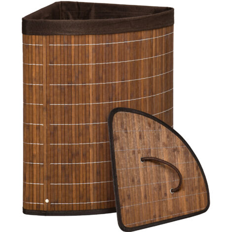 Panier à linge d'angle en bambou marron 55L avec couvercle et sac amovible 38x38x57 cm
