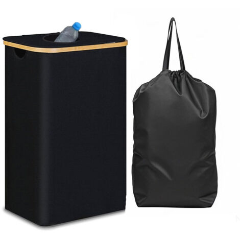 Panier à linge de 100 L avec couvercle, grand panier avec poignées en bambou, panier à linge pliable et haut pour ranger vêtements, jouets et serviettes, noir