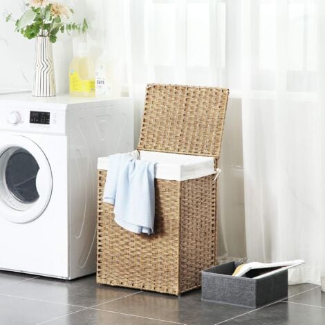 Panier à linge de 90L, tissé à la main, Corbeille à vêtements en rotin synthétique, avec couvercle et poignées, pliable, sac intérieur amovible, Couleur Boisée LCBFR51NL