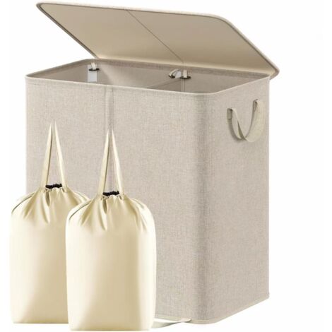 Panier À Linge Double - Couvercle Rabattable - Sac À Linge Amovible - 136 L - Pour Chambre À Coucher Salle De Bain Couloir - Beige